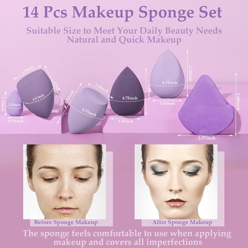 AuraRay 14 Pcs Makeup Sponge Set, Beauty Sponges Blender with 4 Pcs Powder Puff and 4 Pcs Mini Make up Sponges for Liquid,Foundation,Powder,Concealer,Cream (Purple) - Image 2